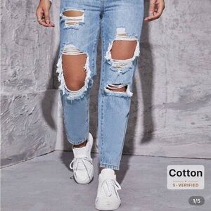 SHEIN Blue Straight Leg Jeans with Distressed Details